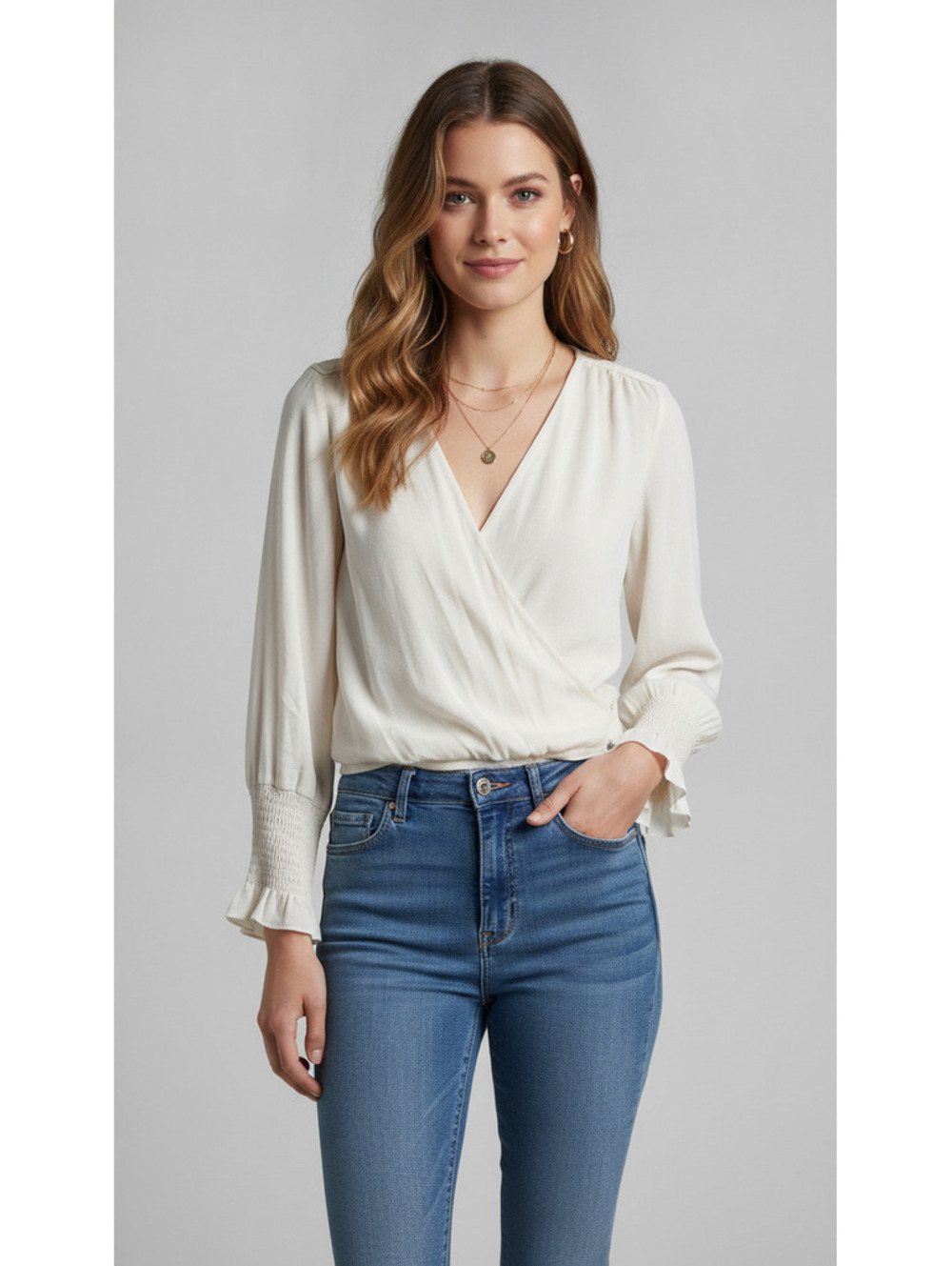 Rebecca Taylor 100% silk Ivory Long Sleeve Surplice Blouse Size 2 quiet luxury
